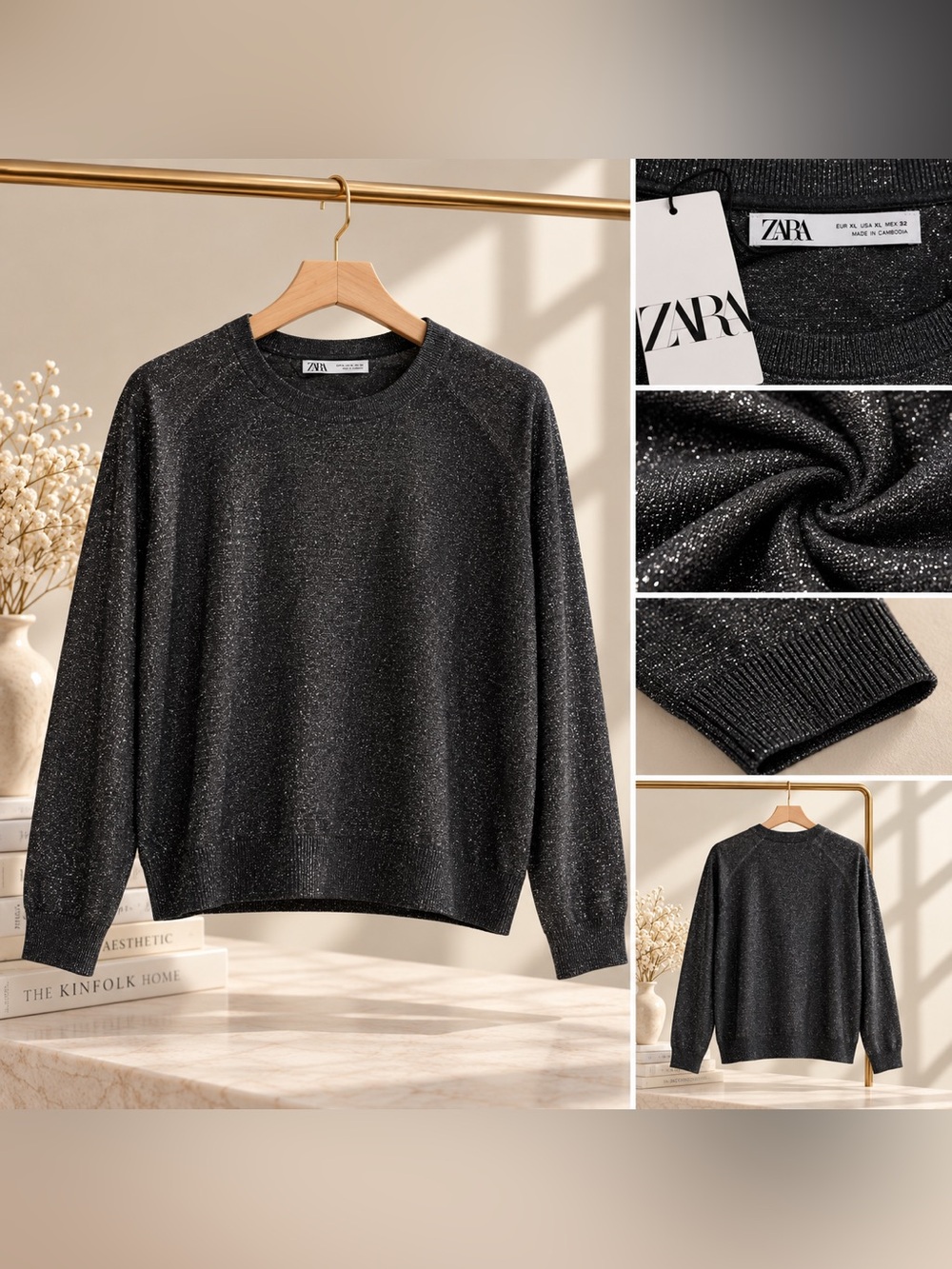 Zara Women's Black Metallic Crewneck Sweater